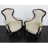 Pair of upholstered armchairs, with dark wood show frames, carved legs and claw feet, 103 x 63cm, (