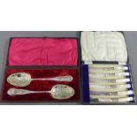 Cased set of Epns berry spoons together with a cased set of six mother of pearl handled fruit knives