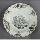 English porcelain bat printed plate with scalloped gilt edged rim, likely Worcester, 19cm diameter