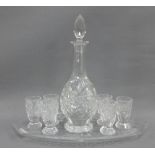 Cut glass liquor set comprising decanter, stopper, six glasses and an oval tray, (8)