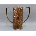 Arts & Crafts copper twin handled vase in the manner of John Pearson, with fish pattern, 20cm high