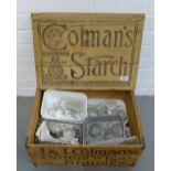 Coleman's Starch wooden advertising box containing a quantity of miscellaneous glass decanter and