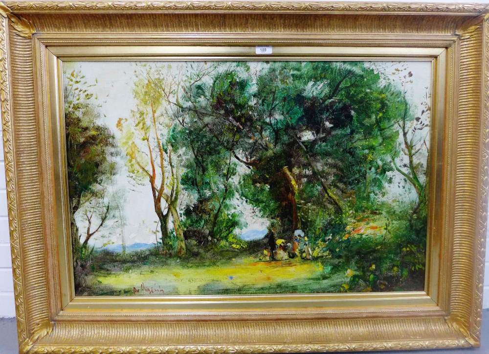 Continental School 'Woodland Landscape with Figures seated beneath a Tree' Oil-on-Canvas, signed