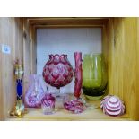 Quantity of coloured glass to include scent bottle, paperweight and vases etc., (a lot)