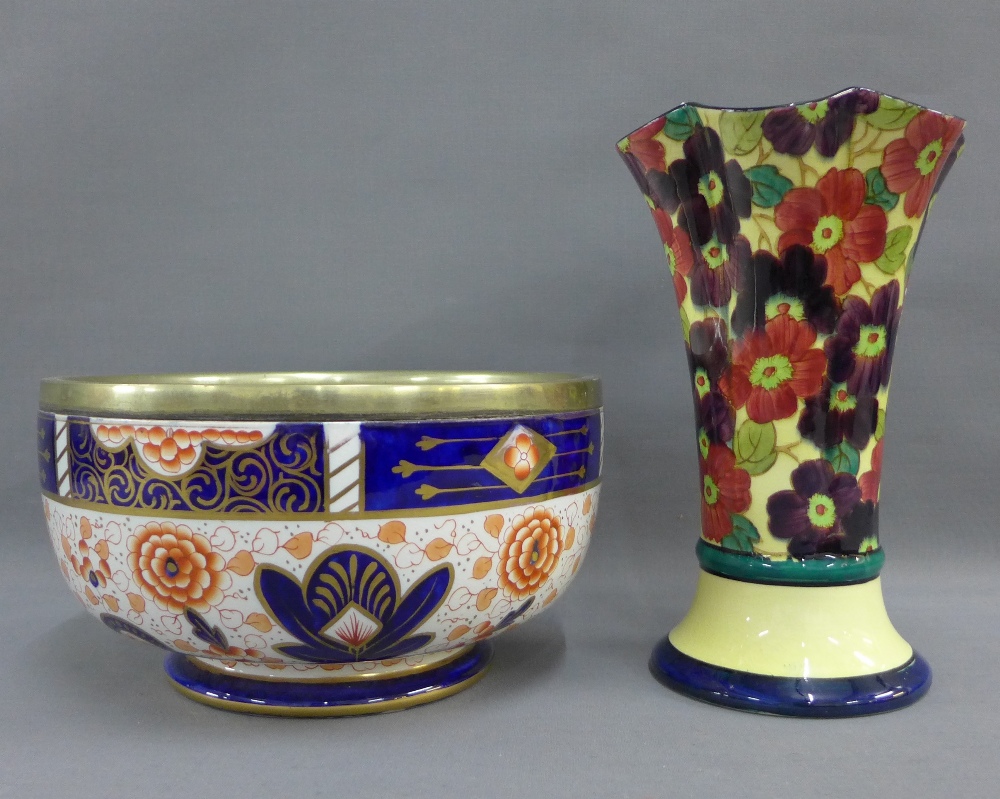 Tuscan pottery Decoro Art Deco vase, together with a Staffordshire Imari patterned bowl with Epns