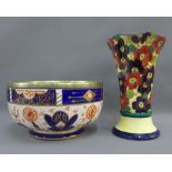 Tuscan pottery Decoro Art Deco vase, together with a Staffordshire Imari patterned bowl with Epns