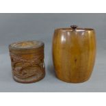 Chinese carved bamboo jar and cover together with a wooden tobacco jar and cover of barrel form,