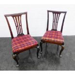 Pair of mahogany spar back side chairs with upholstered slip in seats and cabriole legs, 94 x