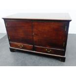 19th century mahogany linen press with lift up top, pair of cupboard doors over two drawers with