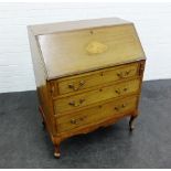 Mahogany and inlaid secretaire chest, with fall front, pull out slides and three long drawers, 98