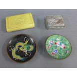 Mixed lot to include a faux ivory box, a Japanese antimony box, a Chinese enamel pin dish and a