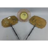 Pair of 19th century paper fans with turned wooden handles together with a circular brass photograph