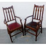 A pair of Arts & Crafts oak open armchairs, with vinyl upholstered seats 110 x 58cm, (2)