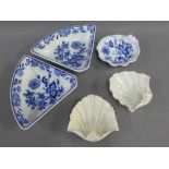 Meissen blue and white shell shaped dish, two triangular Cauldon blue and white Meissen pattern