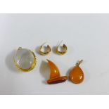 Pair of 9 carat gold hoop earrings together with a amber and yellow metal brooch and similar pendant