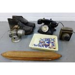 Mixed lot of vintage items to include a telephone, boots, bicycle lamps, loom shuttle and a