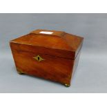 19th century mahogany sarcophagus shaped tea caddy box with a hinged lid, void interior with brass