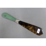 Early 20th century tortoiseshell page turner with white metal collar and shagreen handle, 43cm long