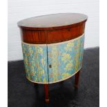 Victorian painted satinwood work table, with flower and fantail motifs, of oval form with a frieze