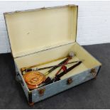 Vintage travel trunk containing a bedpan, parasol and shooting sticks, etc (a lot)