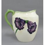 Wemyss jug, the white ground with purple flowers and green handle, with impressed back stamps,