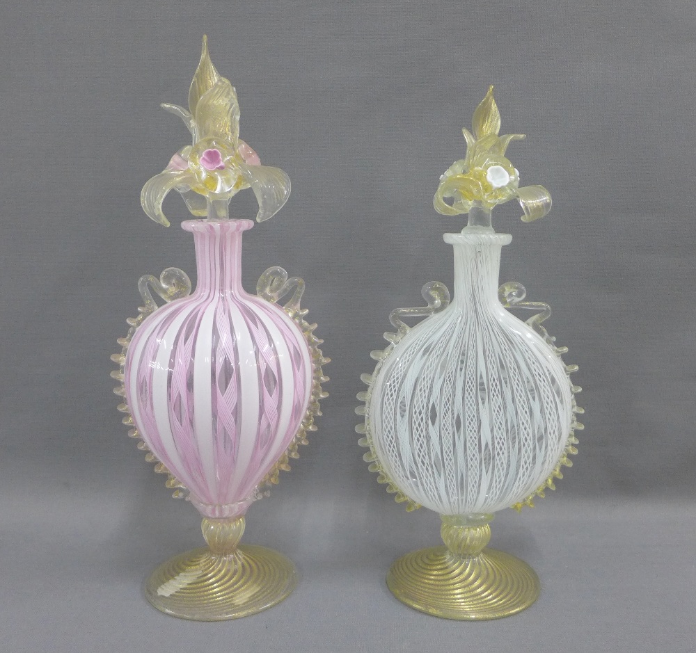 Two Venetian glass vases with floral moulded stoppers, tallest 29cm, (2)