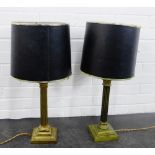 Pair of brass Corinthian column table lamp bases, with shades, 36 cm high (2)