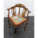 Mahogany corner chair with tapestry seat, 76 x 64cm