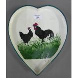 Wemyss ware heart shaped pottery dish painted with Cockerels, with impressed and printed backstamps,