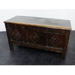 Oak panelled chest / trunk, the front carved with initials and date 1696, 113 x 61cm