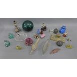 Mixed lot to include Roman style pottery, glass bottles, terracotta animals, coloured glass float,