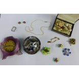Mixed lot to include costume jewellery, silver trinket box and enamel clock (a/f) (a lot)
