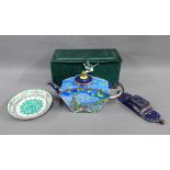 Trade Aid number 550 enameled teapot and cover, together with an Austrian enamel pin dish and an