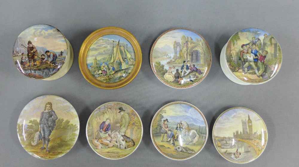 Collection of Pratt ware pot lids to include two jars, one framed and five others, (8)