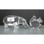 Baccarat glass Hippopotamus, 15.5cm long, together with a Holmegaard glass squirrel, (2)