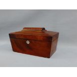 19th century mahogany caddy box of sarcophagus shape with a hinged lid, 30 x 15cm