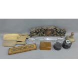 Mixed lot to include a glass rolling pin, wooden butter pats, cribbage board, inkwells and a