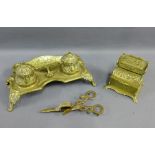 A brass desk ink stand, a stamp box and a pair of candle snuffers, (a lot)