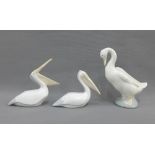 Nao Duck and two white glazed Pelicans, tallest 14cm, (3)