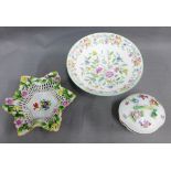 Dresden porcelain floral encrusted jar and cover, together with a continental star shaped dish and a