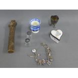 Mixed lot to include a Wedgwood Ferrara blue and white egg cup, a heart shaped enamel box, charm