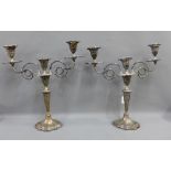 Pair of Sheffield plate three branch candelabra with detachable sconces, 46cm high, (2)