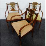 Set of three late Victorian painted satinwood open armchairs with lyre splat backs, upholstered
