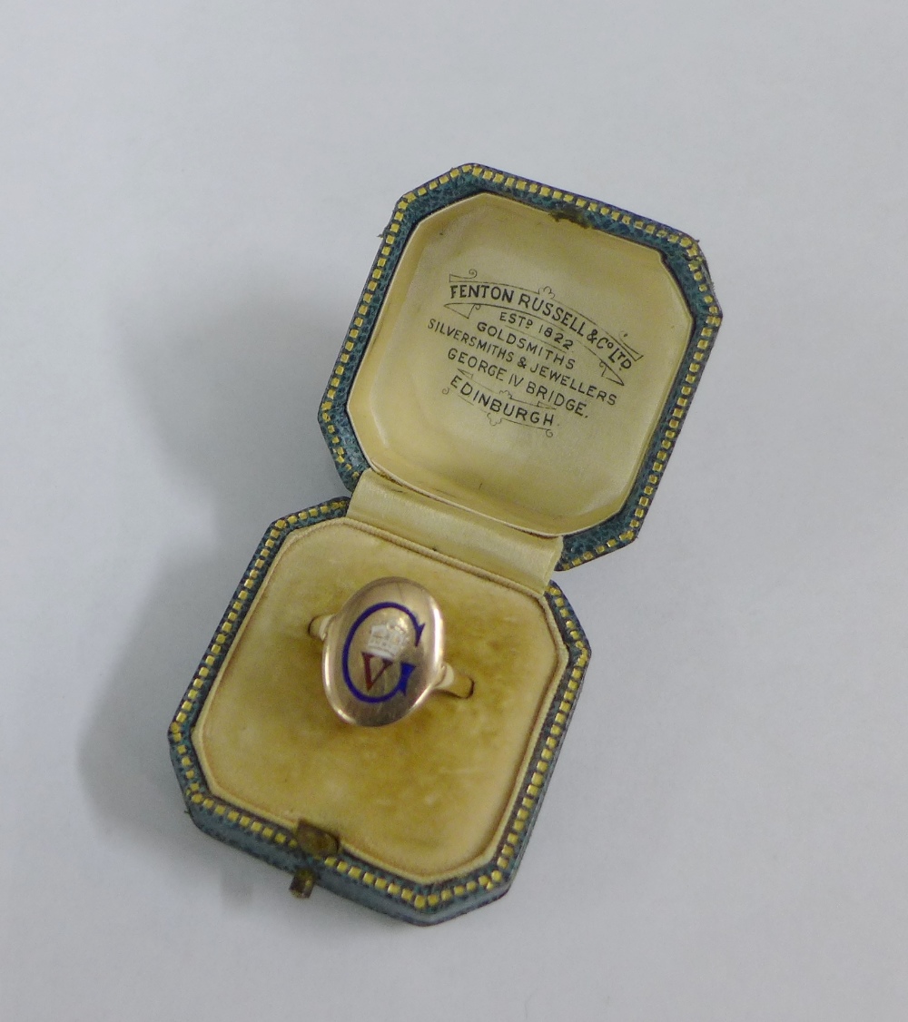 Gold and enamel George V ring, UK ring size U