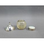 A collection of silver items to include a small funnel, match striker and a pill box (3)