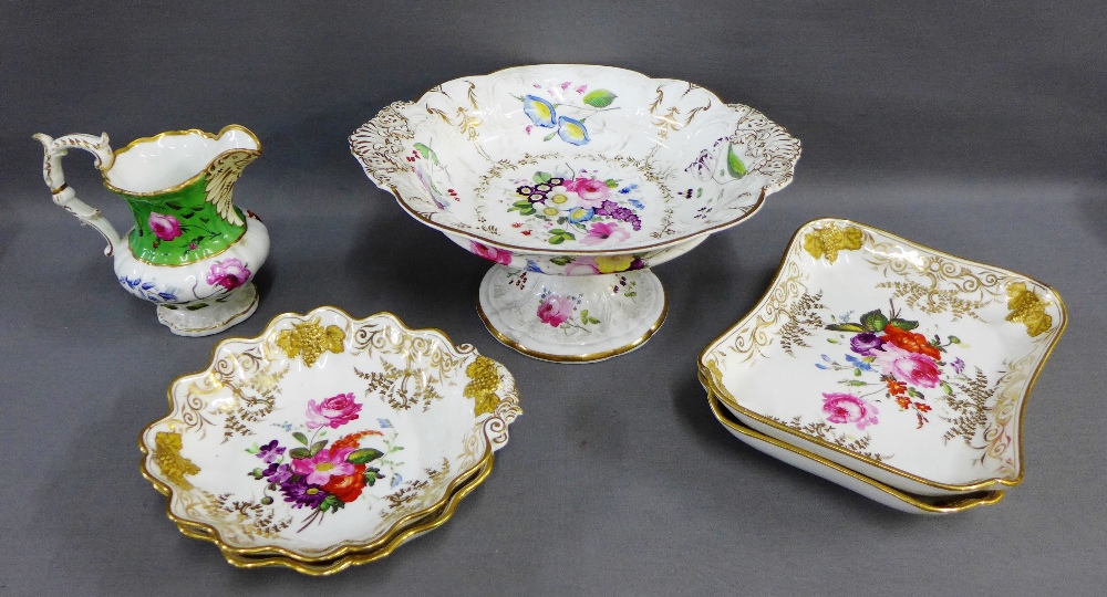Collection of English porcelain table wares to include a tazza, four serving dishes and a Rockingham