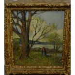20th Century School 'Female Figure in a Woodland' Oil-on-Board Signed indistinctly in a giltwood