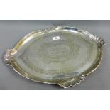 George V silver presentation tray by Walker & Hall, the oval outline with leaf scroll rims,