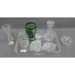 A quantity of cut glass and crystal to include a green Mozart Commemorative glass vase, etc (a lot)