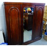 Victorian mahogany triple door wardrobe on plinth base, 200 x 186cm